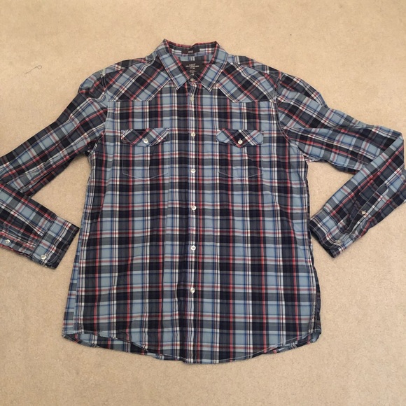 H&M L.O.G.G. Fitted Plaid Long Sleeve Button Down Shirt red white blue size XL - Picture 2 of 5
